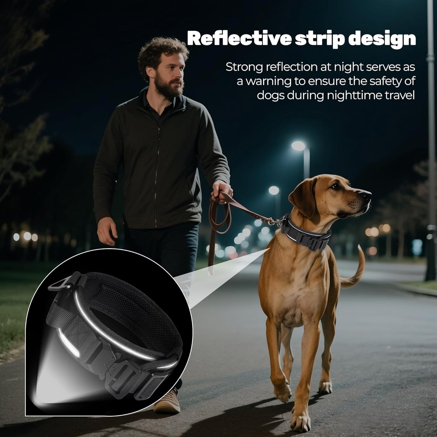 Tactical Dog Collar with Airtag Pocket, Adjustable Military Training Nylon Dog Collar, Reflective Collar with Control Handle and Heavy Duty Metal Buckle for Medium Large Dog(Black,L)