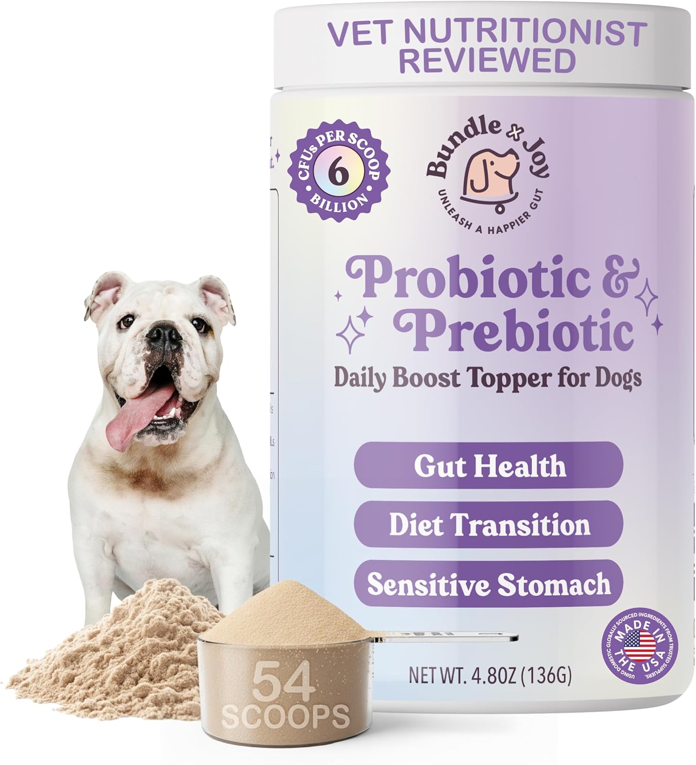 Bundle x Joy Probiotic & Prebiotic Daily Boost for Dogs - Gut Health for Dogs Immune Formula with Beef Bone Broth for Dog, 6 Billion CFU Dog Supplements, 35 Scoops, 4.8 oz - Made in USA