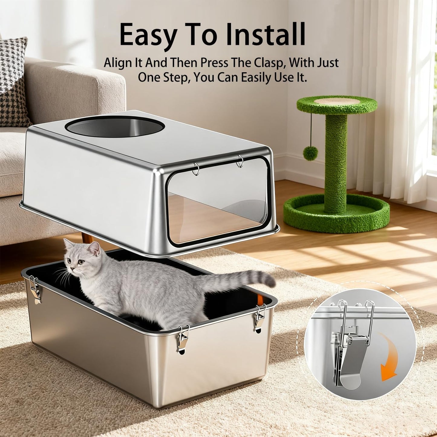 XXL Stainless Steel Sifting Litter Box for Pine Pellets | 16” High Sides, Enclosed & Dog-Proof Cat Litter Box System Metal Sifter Litter Pan System for Big Cats,Odor Control,Easy to Clean