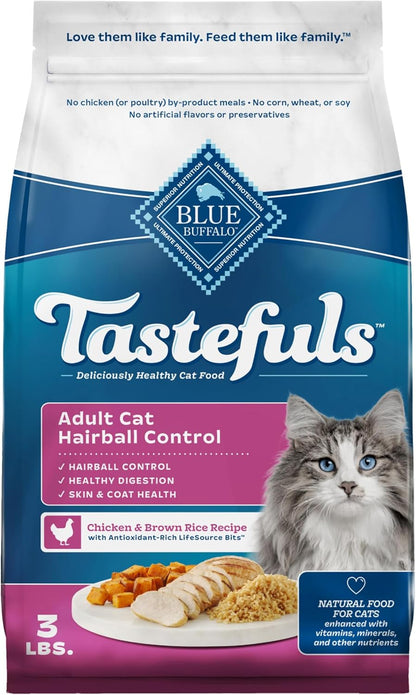 Blue Buffalo Tastefuls Adult Hairball Care Dry Cat Food, Made in The USA with Natural Ingredients, Chicken & Brown Rice Recipe, 3-lb. Resealable Bag