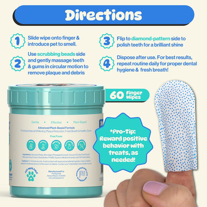 All-in-1 Dog Teeth Cleaning Wipes | Enzymatic Whitening + Micro Scrubbing Beads | Pet Dental Wipes & Finger Tooth Brushing Kit | Plant-Based Dental Care for Cats & Dogs (60 Count)