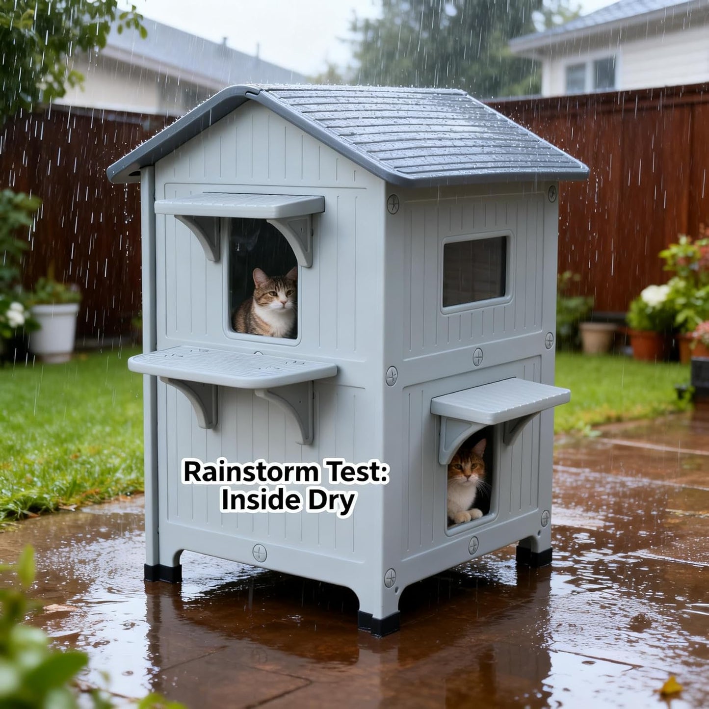 Weatherproof Heated Outdoor Cat House for Feral Cat, 2 Storey Elevated Plastic Insulated Cat Shelter with Escape Door, Expansive Interior‌ Grey 34" D x 21" W x 21.5" H