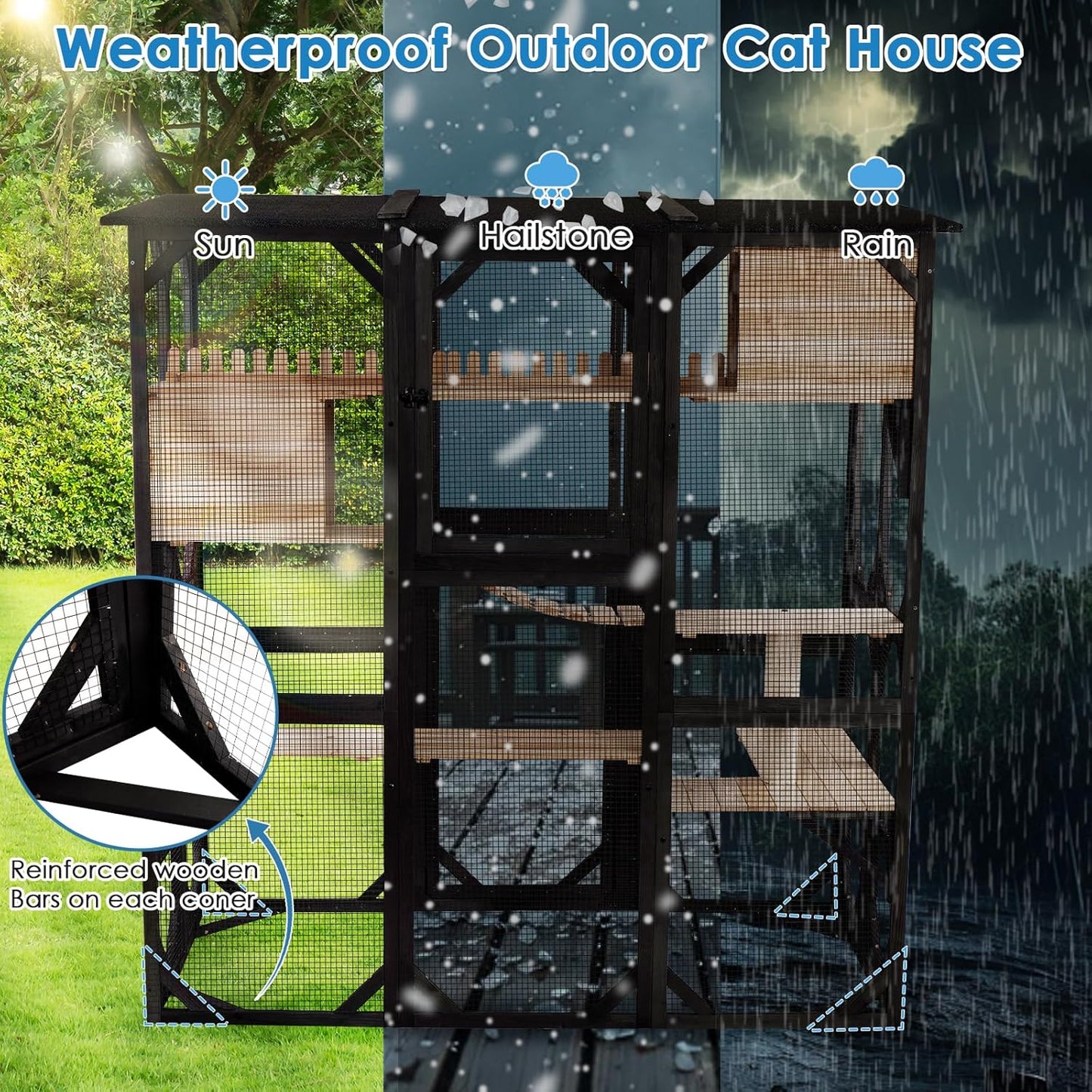 FunXplore 71.1" L Large Cat Catio Outdoor Cat Enclosure Window Acess, Walk-in Cat Cage Cat House for Multiple Indoor Outdoor Cats, Outside Patio 6 Doors Weatherproof Roof