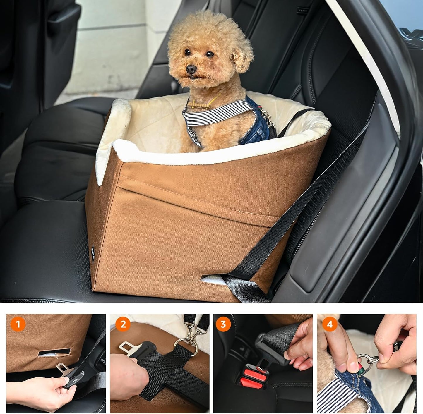 Amazon Basics Pet Car Booster Bucket Seat for Small Pets up to 25lbs, Machine Washable Cover, Clip-On Safety Leash, 18" x 18" x 16", Tan