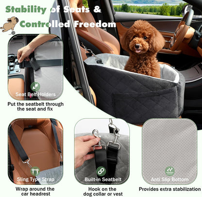 Small Dog Car Seat for Under 30lbs Dog Booster Seat Detachable Washable Pet Car Seat with Safety Leash and Storage Pockets Black&Grey Puppy Travel Bed
