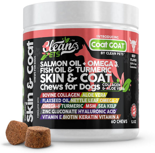 Salmon Oil Omega 3 Fish Oil for Dogs Skin and Coat Supplement | Dog Collagen Aloe Vera Biotin Keratin Flaxseed Nettle Leaf Sea Kelp Hyaluronic Acid Brewers Yeast Vitamin A - Coat Goat