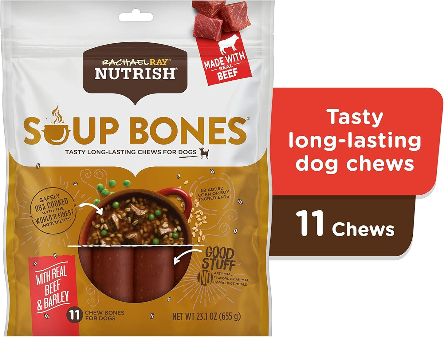 Nutrish Soup Bones Premium Dog Chews with Real Beef and Barley, 11 Chews, Packaging May Vary (Rachael Ray) (Pack of 2)