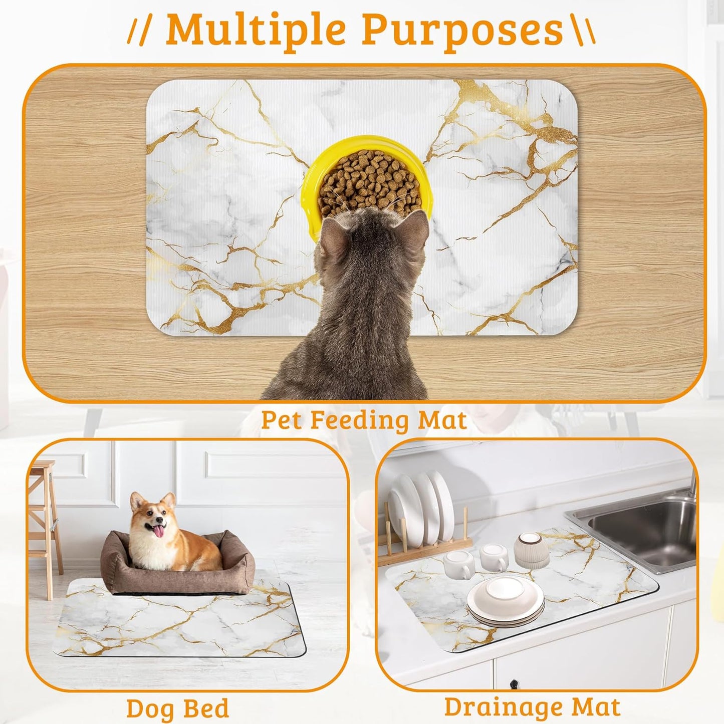 Abstract Marble Dog Food Mat,White Gold Absorbent Pet Feeding Mat for Food and Water Bowl,Quick Dry Dog Placemat Non Slip Rubber Backing Waterproof Pet Supplies 16" x 24"