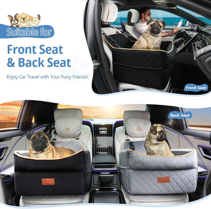 Dog Car Seat for Small Medium Dogs, Memory Foam Dog Booster Car Seat for Pets Under 35 lbs, Anti-Slip Pet Carseat with 2 Adjustable Leashes, Elevated Dog Travel Bed with Storage Pockets