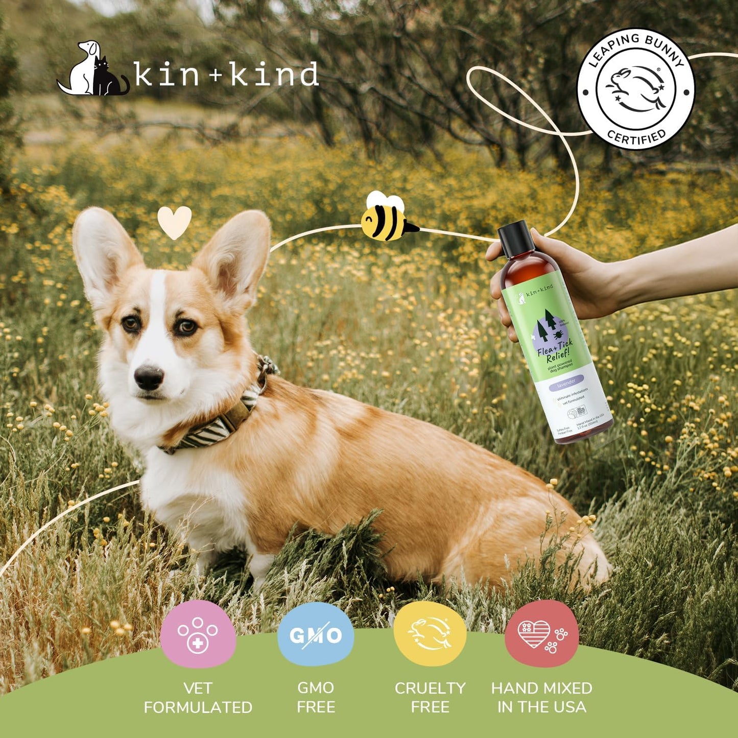 kin+kind Flea and Tick Shampoo for Dogs Vet Formulated - Plant Powered, Safe and Effective Dog Shampoo with Coconut and Olive Oil - Lavender Scent - Prevent Fleas and Ticks - Made in USA 12 fl oz