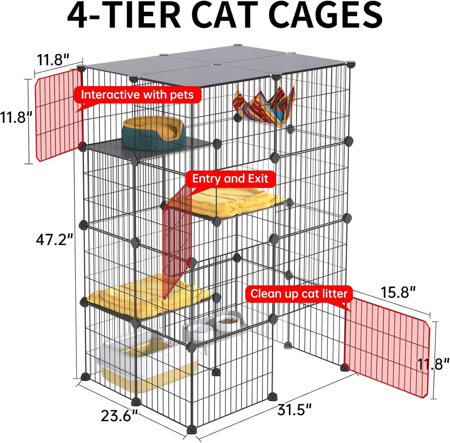Oneluck 4-Tier 47.2 Inch Large Cat Cages DIY Cat Playpen Detachable Metal Wire Kennels Cat Crate Exercise Extra Place Ideal for 1-2 Cat
