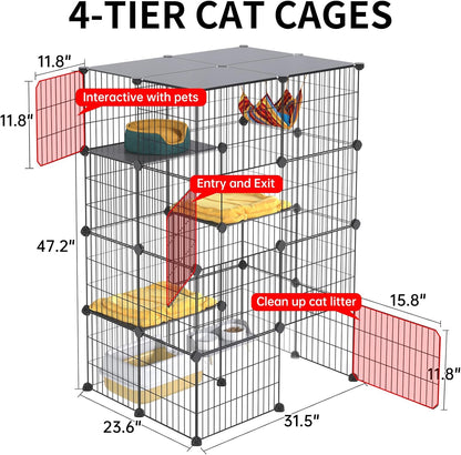 Oneluck 4-Tier 47.2 Inch Large Cat Cages DIY Cat Playpen Detachable Metal Wire Kennels Cat Crate Exercise Extra Place Ideal for 1-2 Cat