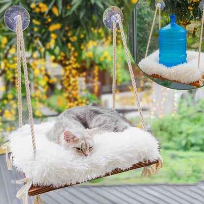 Cat Hammock with Industrial-Grade Suction Cups - Solid Pine Wood Seat, Soft Cushion - 42 lb Capacity