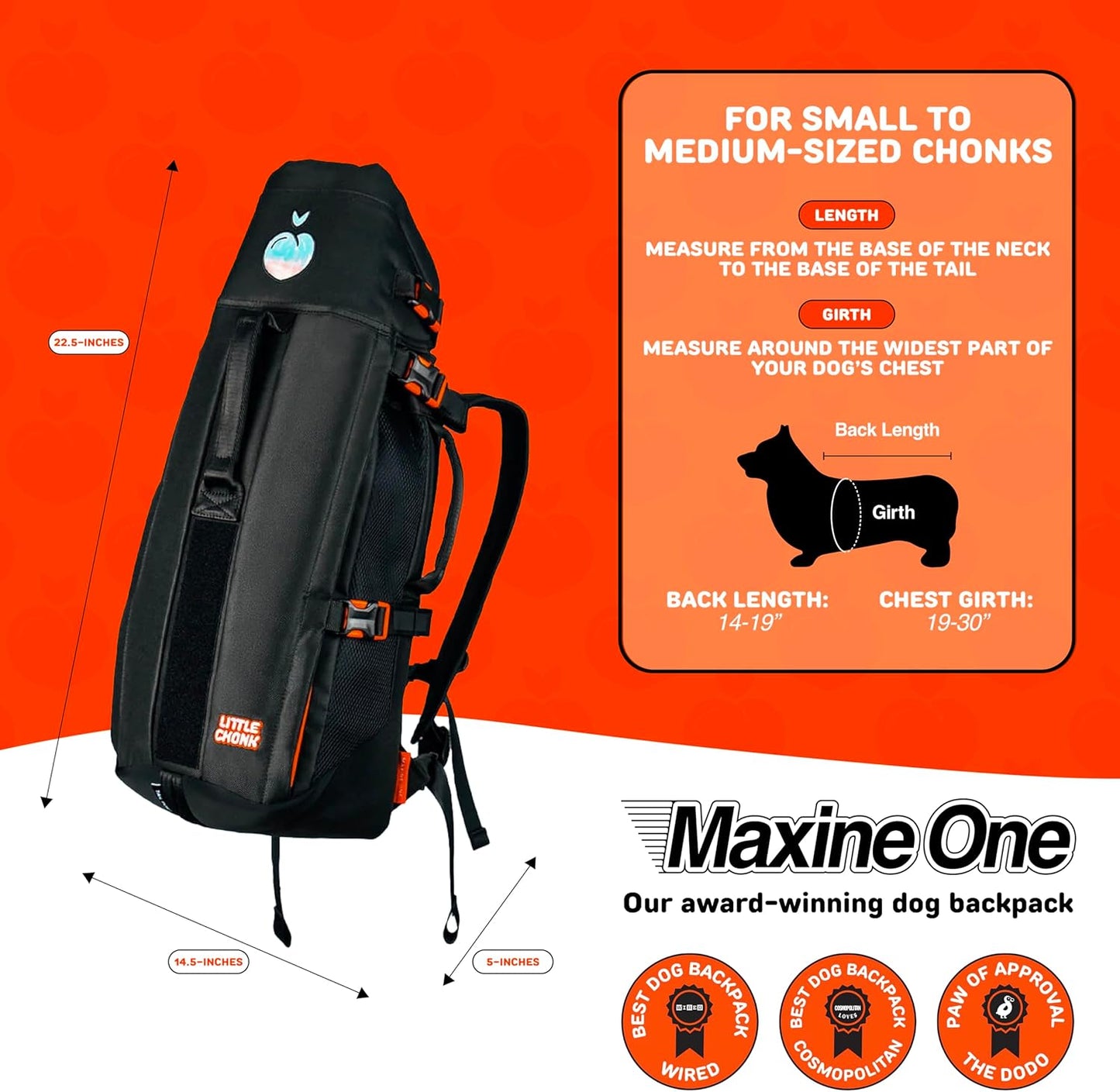 The Maxine One Medium Dog Carrier by Little Chonk | Dog Backpack Carrier for Medium Sized Breeds | Adjustable Front Facing Pet Carrier for Travel | Dog Hiking Backpack - Bark After Dark Black