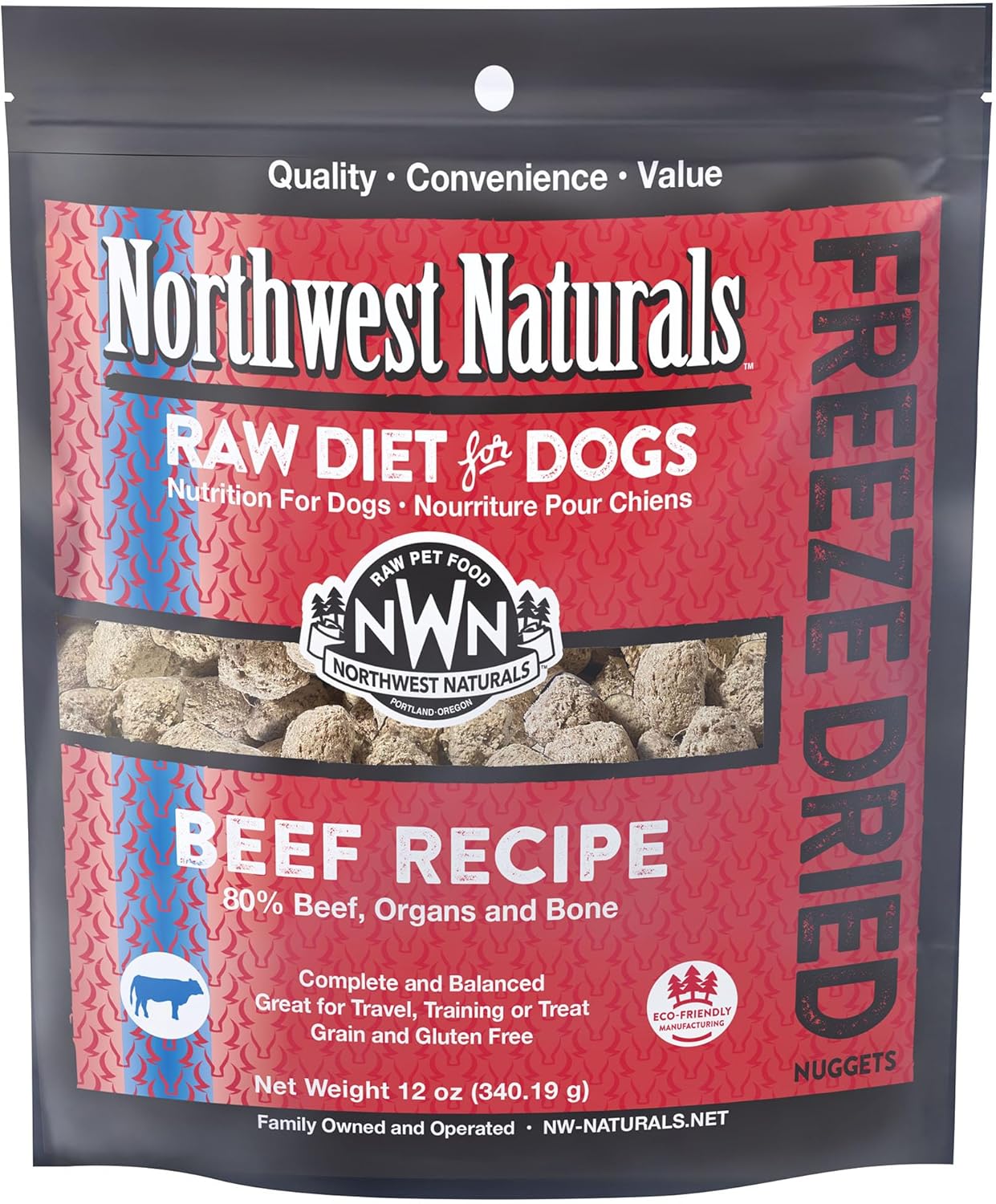 Northwest Naturals Freeze-Dried Beef Dog Food - Bite-Sized Nuggets - Grain-Free, High-Protein, Raw Diet, Human-Grade Ingredients, All Natural, Premium Quality, Healthy & Nutritious - 12 Oz