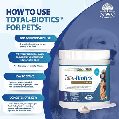 NWC Naturals Total-Biotics, Cat & Dog Probiotics for Digestive Health with Prebiotic, Unflavored Probiotic for Dogs & Cats, Supplement for Gut, Skin, Coat, Stomach Relief, 100 Servings, 2.22 Ounces