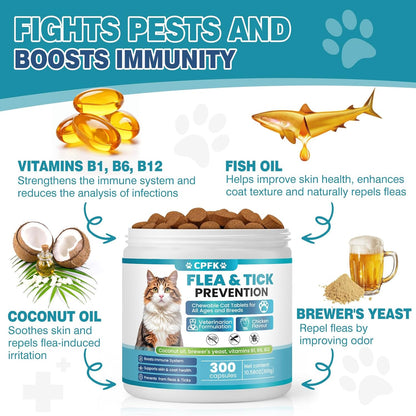 Chewable Flea Treatment for Cats Flea and Tick Prevention for Cats Chewables Fleas Chewables for Cat of All Breeds and Ages 300 Chewable Tablets