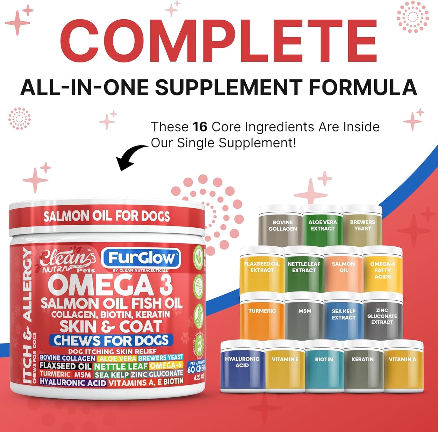 FurGlow Skin and Coat Supplement for Dogs Salmon Oil Omega 3 Fish Oil Turmeric Collagen Aloe Vera Flaxseed Oil Hyaluronic Acid Biotin Keratin Aloe Vera Allergy Relief Beef Flavor | Clean Nutra Pets