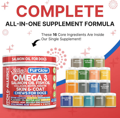 FurGlow Skin and Coat Supplement for Dogs Salmon Oil Omega 3 Fish Oil Turmeric Collagen Aloe Vera Flaxseed Oil Hyaluronic Acid Biotin Keratin Aloe Vera Allergy Relief Beef Flavor | Clean Nutra Pets