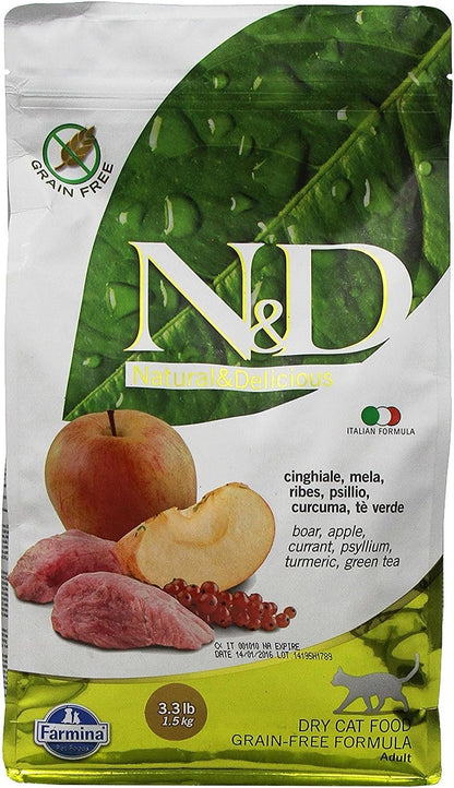 Farmina Natural And Delicious Boar And Apple Grain-Free Formula Dry Cat Food, 3.3 Pound Bag