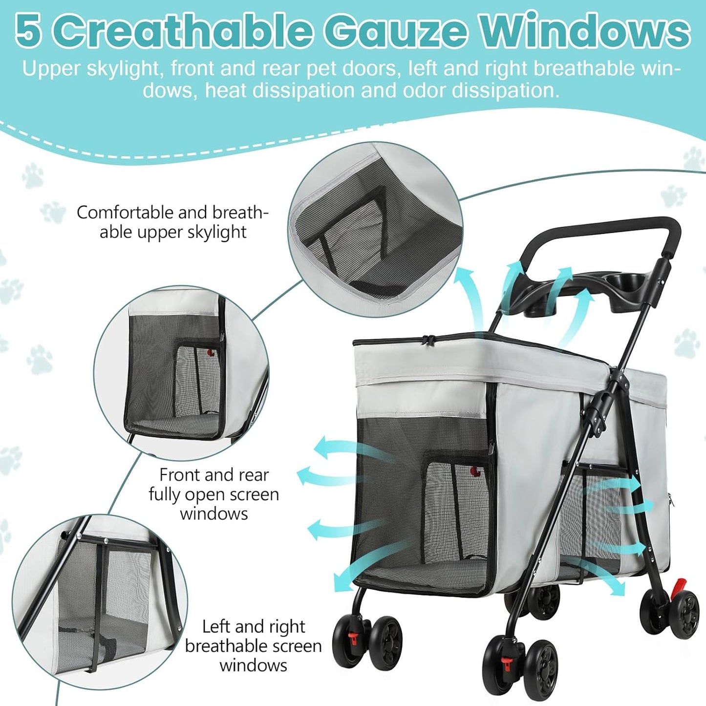 Dog Stroller with 360-Degree Wheels, Foldable Pet Cart for Small/Medium Dogs, 5 Ventilation Windows, Removable Tray, Outdoor Travel Pet Carrier