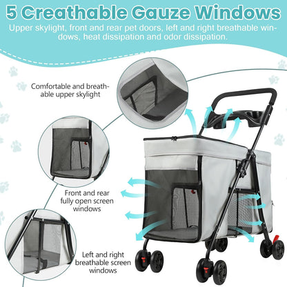 Dog Stroller with 360-Degree Wheels, Foldable Pet Cart for Small/Medium Dogs, 5 Ventilation Windows, Removable Tray, Outdoor Travel Pet Carrier
