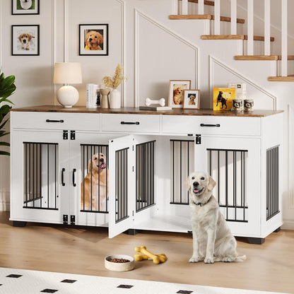 71'' Dog Crate Furniture, Wooden Indoor Dog Kennel for 2 Dogs with 3 Drawers and Removable Room Divider, XXL Double Dog Crate TV Stand End Table with Double Doors for Large Medium Dogs