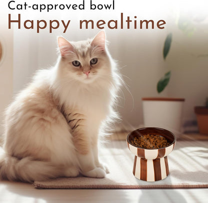 Raised Cat Bowl - Brown Striped Elevated Ceramic Food and Water Dish, Wide Shallow Design for Whisker Fatigue Relief, Dishwasher Safe