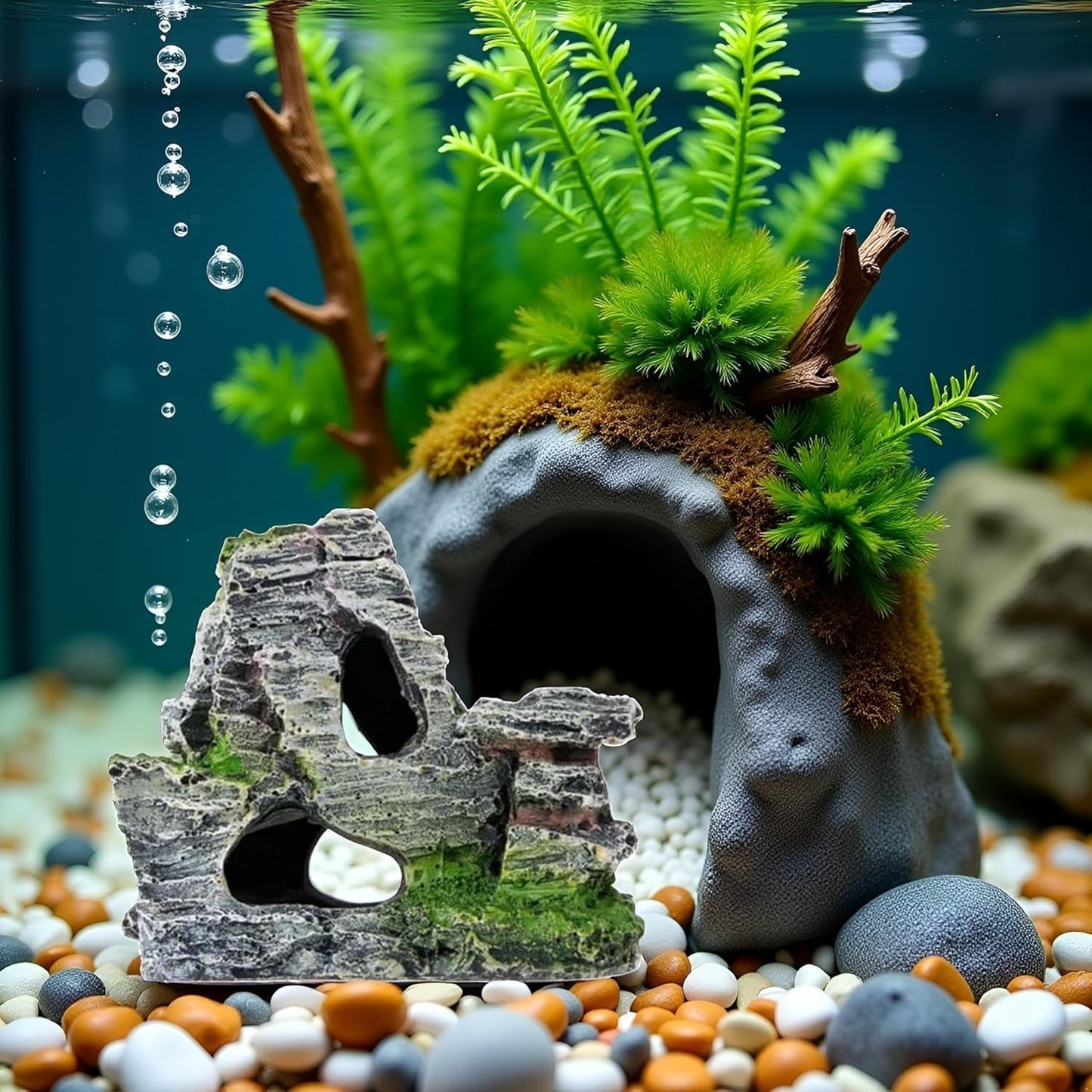 Resin Aquarium Mountain Decor with Moss Rock Cave - Multi-Level Terrain for Fish Tank Landscaping, Natural-Looking Rockery Design with Hidden Cave and Crevices for Shrimp, Reptile Habitat