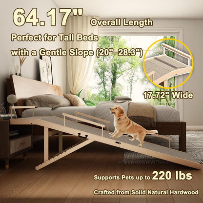 Dog Ramp for Bed, Couch & Car – Adjustable Foldable Pet Ramp, 64.17" Long, 17.72" Wide, Non-Slip Surface with Safety Rails, 8 Heights 20.08"-28.35", Supports 220 lbs, Solid Wood
