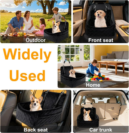 Dog Car Seat for Small/Medium Dogs, Memory Foam Dog Booster Seat up to 35lbs, Detachable Washable Pet Car Seat with Storage Pockets, Portable Pet Travel Bed with Seat Belt, Anti-Slip Base Black