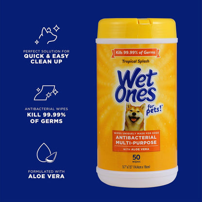 Wet Ones for Pets Multi-Purpose Dog Wipes With Aloe Vera | Dog Wipes For All Dogs in Tropical Splash, Wet Ones Wipes for Paws & All Purpose | 50 Ct Cannister Dog Wipes
