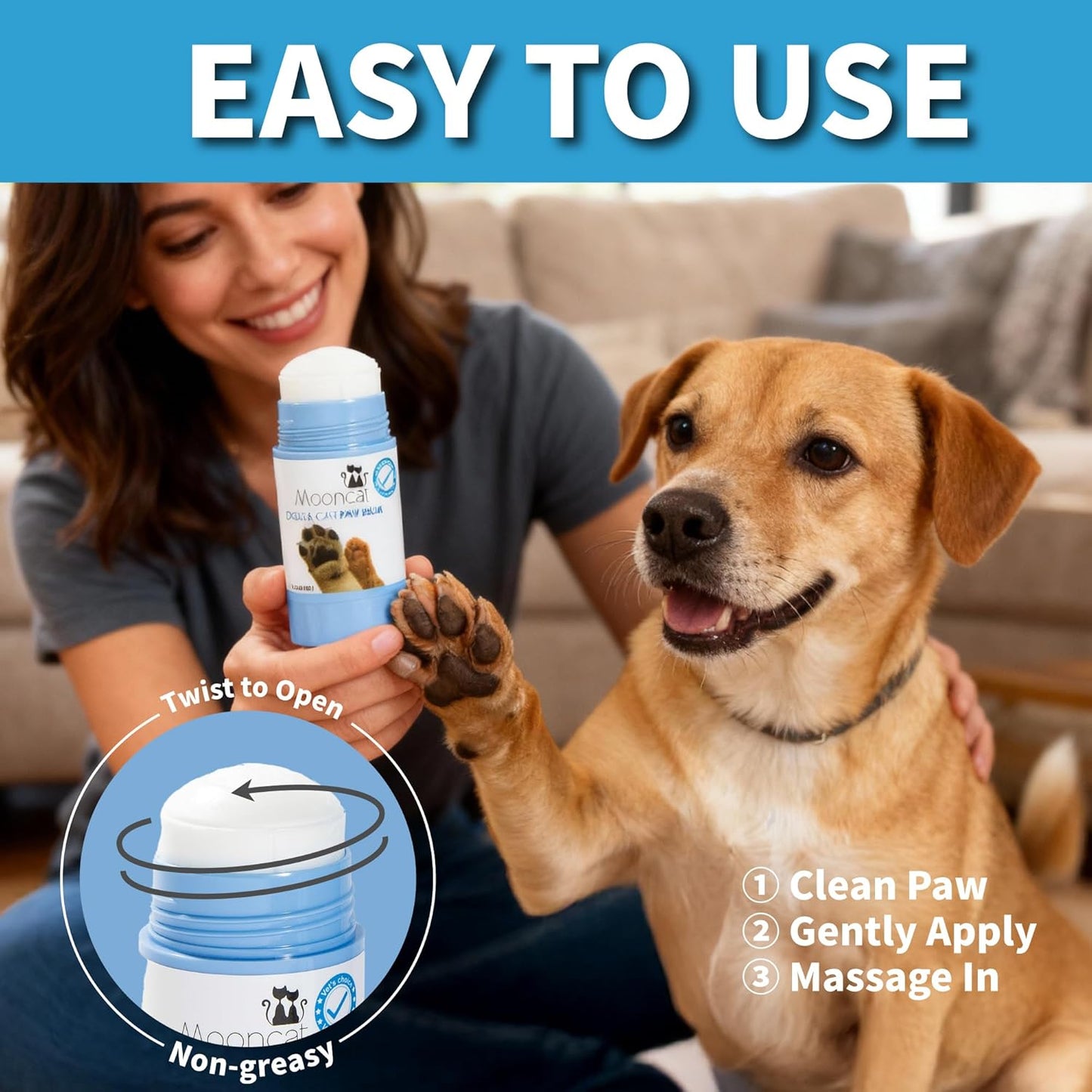 Mooncat Pet Eye Wipes and Paw Balm Bundle, 40 Count Finger Cot Tear Stain Remover, 2oz Lick Safe Natural Moisturizer for Dry Cracked Pads and Nose