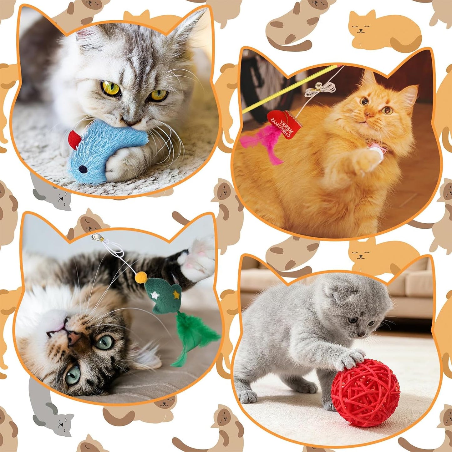 30 Pcs Assorted Christmas Cat Toy Interactive Gifts with Wand Collar Rattan Ball Christmas Bell Mouse Caterpillar Kitten Play Toy Stuff Indoor Outdoor