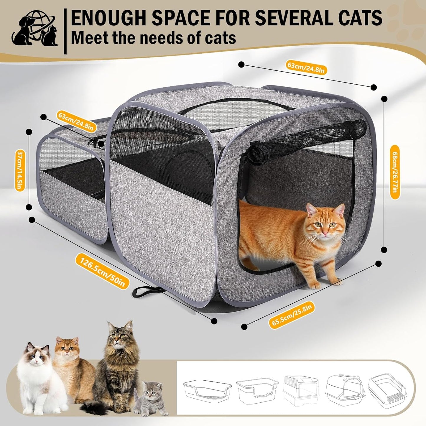 Large Outdoor Cat Playpen, Foldable 2-in-1 Zone Waterproof Cat Enclosure Puppy Pen for Outdoor Use, Portable Pet Playpen with Soft Sides, Great for Gardens, Camping, Backyard