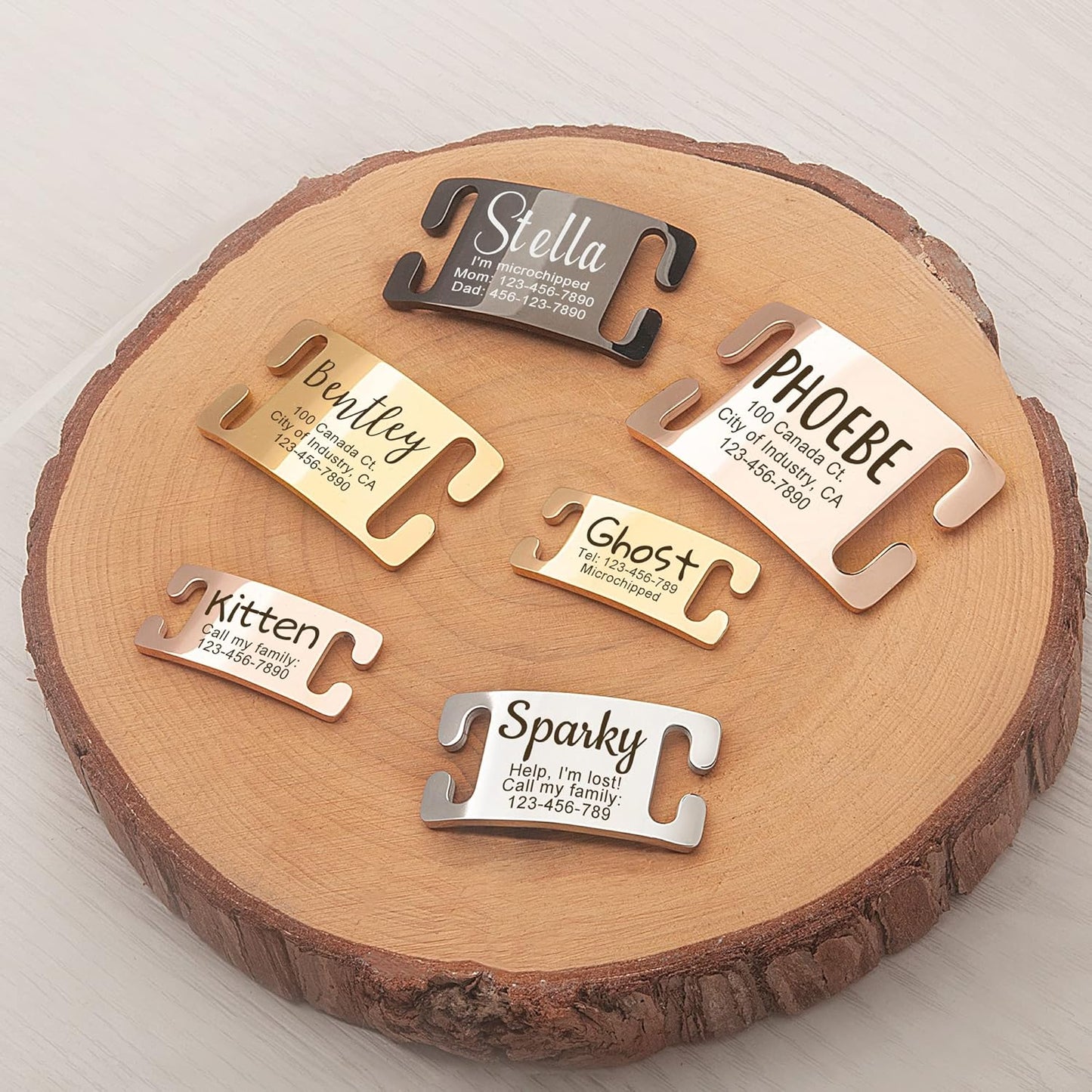 Anavia Slide On Silent Pet ID Tags, S/M/L/XL Personalized Gold Black Stainless Steel Customized Engraved Cat Dog Name Tags, Glossy Finish Chew-Proof Quiet Dog Collar Tag (Medium, Rose Gold)