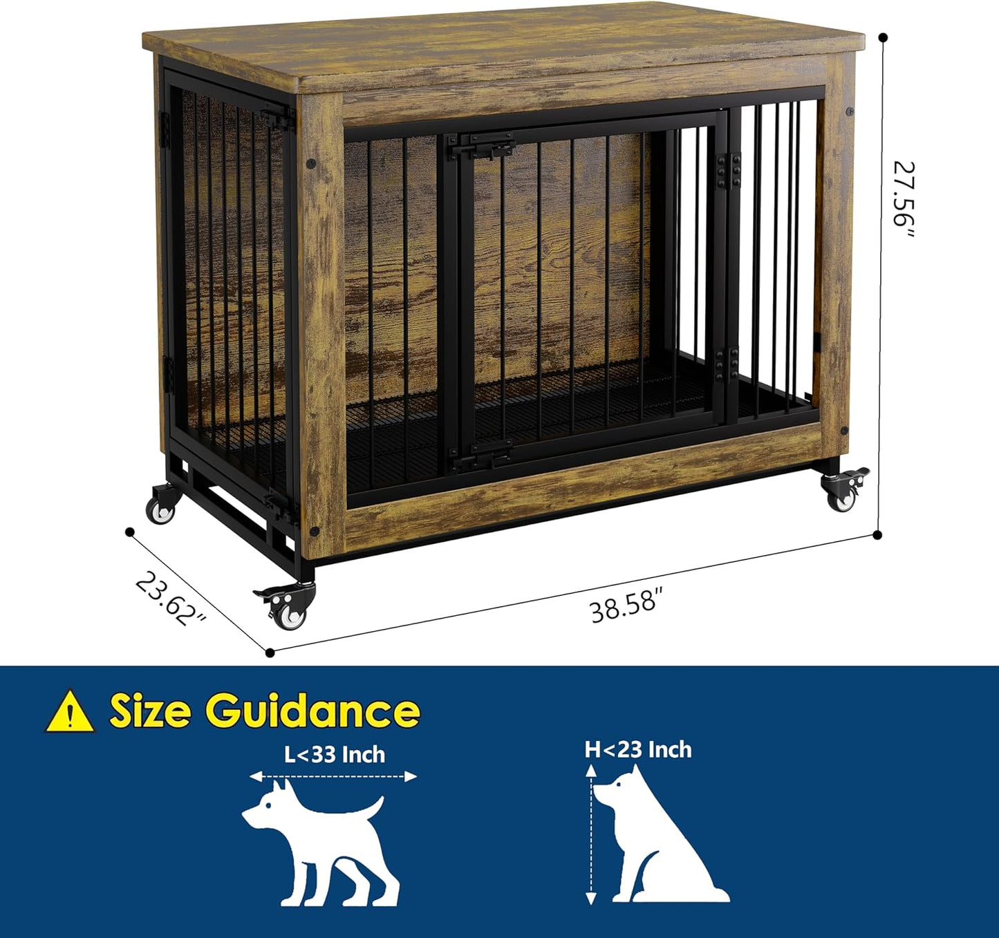 38.6'' Rustic Wood Dog Crate Furniture with Pull-Out Tray, Wheels & 3 Doors, Indoor Kennel Heavy Duty Dog Kennel with Removable Tray, Side Table for Small Medium Breeds Easy Assembly & Cleaning