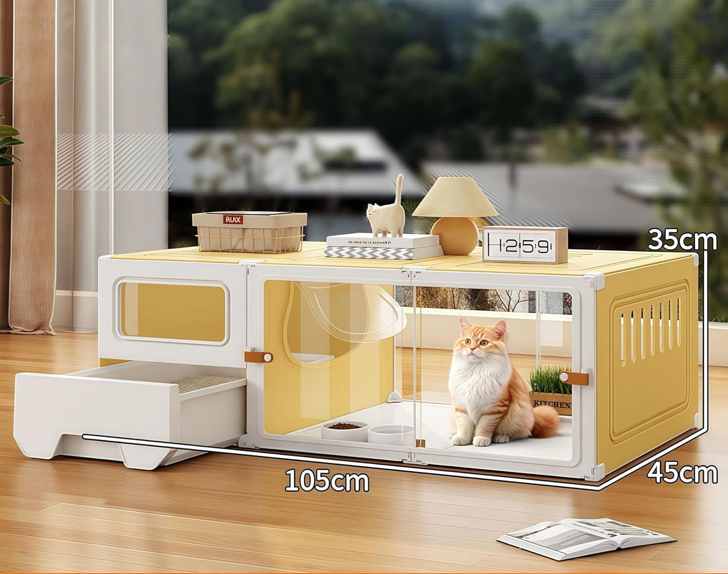 Large Cat Enclosure with Litter Box, Indoor Transparent Cat Villa, DIY Semi-Enclosed Crate (White, 41x18x14 inche)