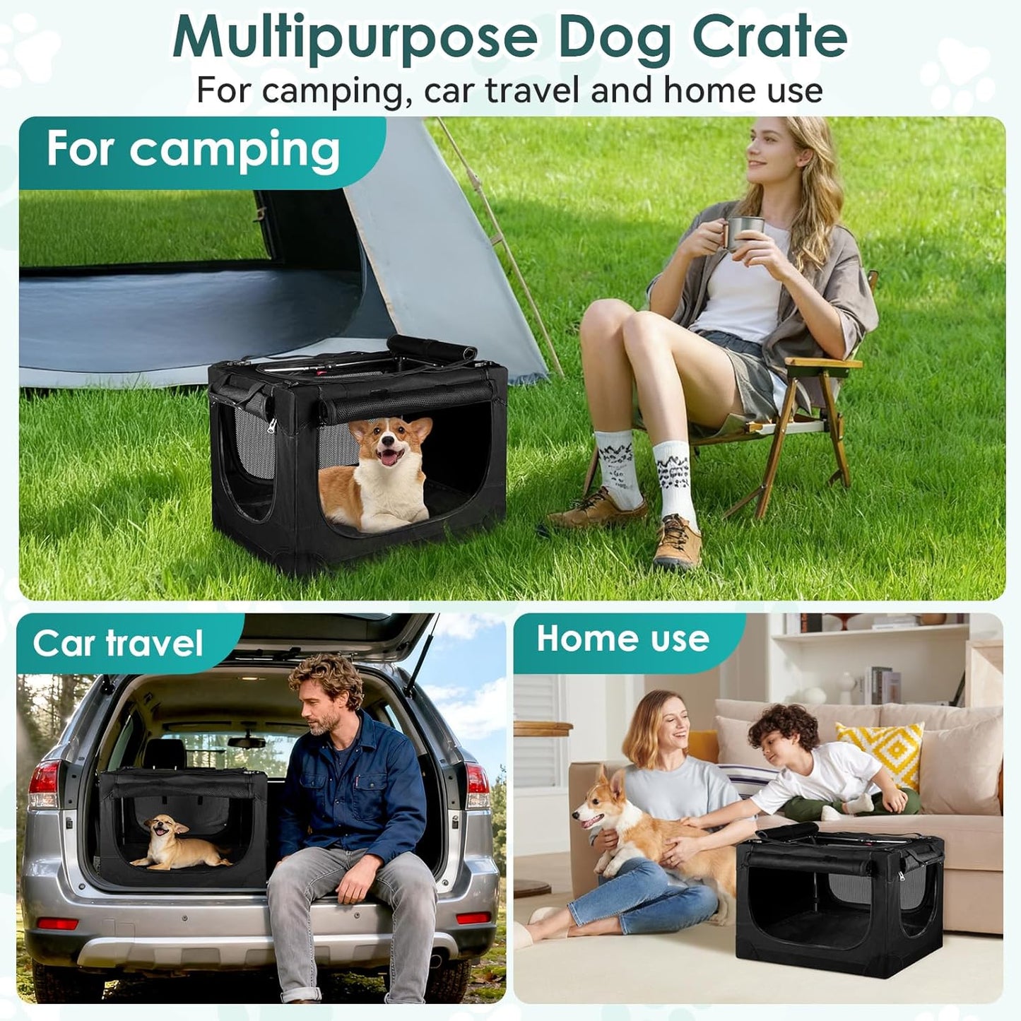 Soft Small Dog Crate - 24 inch Portable Travel Puppy Crate for Small Pets or 2 Cats, Collapsible Pet Carrier with 4 Mesh Doors, Car Kennel for Dogs with Handle for Indoor and Outdoor, Black