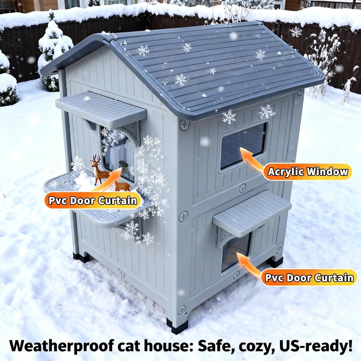 Weatherproof Heated Outdoor Cat House for Feral Cat, 2 Storey Elevated Plastic Insulated Cat Shelter with Escape Door, Expansive Interior‌ Grey 34" D x 21" W x 21.5" H