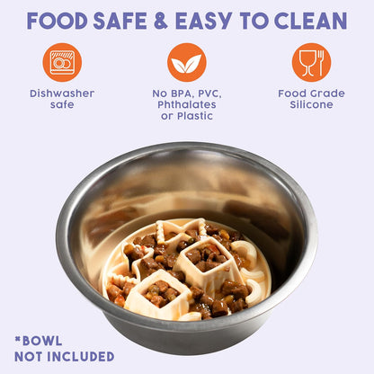 Awoo Snackaroni - Silicone Slow Feeder for Dog Bowls Over 5.5-Inches - Non-Slip, Wet and Dry Food-Compatible Pet Dish with Suction Cups - Extends Mealtime for Fast Eaters - Dishwasher Safe (Yellow)