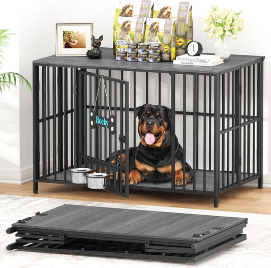 Easycom 43" Dog Crate Furniture Foldable, No Assembly Decorative Dog Kennel Indoor, XL Dog Crates for Large Dogs (60-80 lbs), Wooden Dog Cage with Adjustable Bowls and Name Tag, Dark Grey