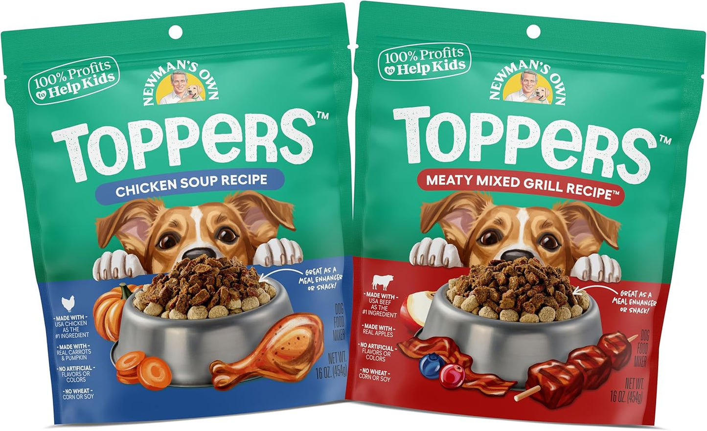 Newman's Own Dog Food Toppers | Variety Pack | Meaty Mixed Grill & Chicken Soup Recipe | 16 oz Bags (Pack of 2)