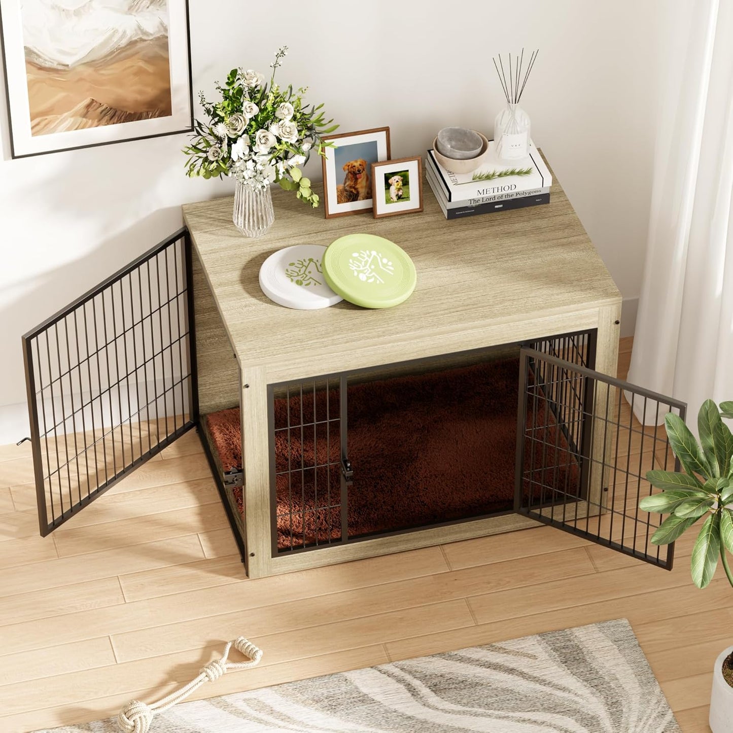 Greesum Modern Dog Crate Furniture That Doubles as a Side Table - Sturdy Wooden Kennel with Front & Side Door Access, Plush Cushion & Chew-Resistant Design for All Dog Sizes