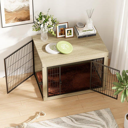 Greesum Modern Dog Crate Furniture That Doubles as a Side Table - Sturdy Wooden Kennel with Front & Side Door Access, Plush Cushion & Chew-Resistant Design for All Dog Sizes