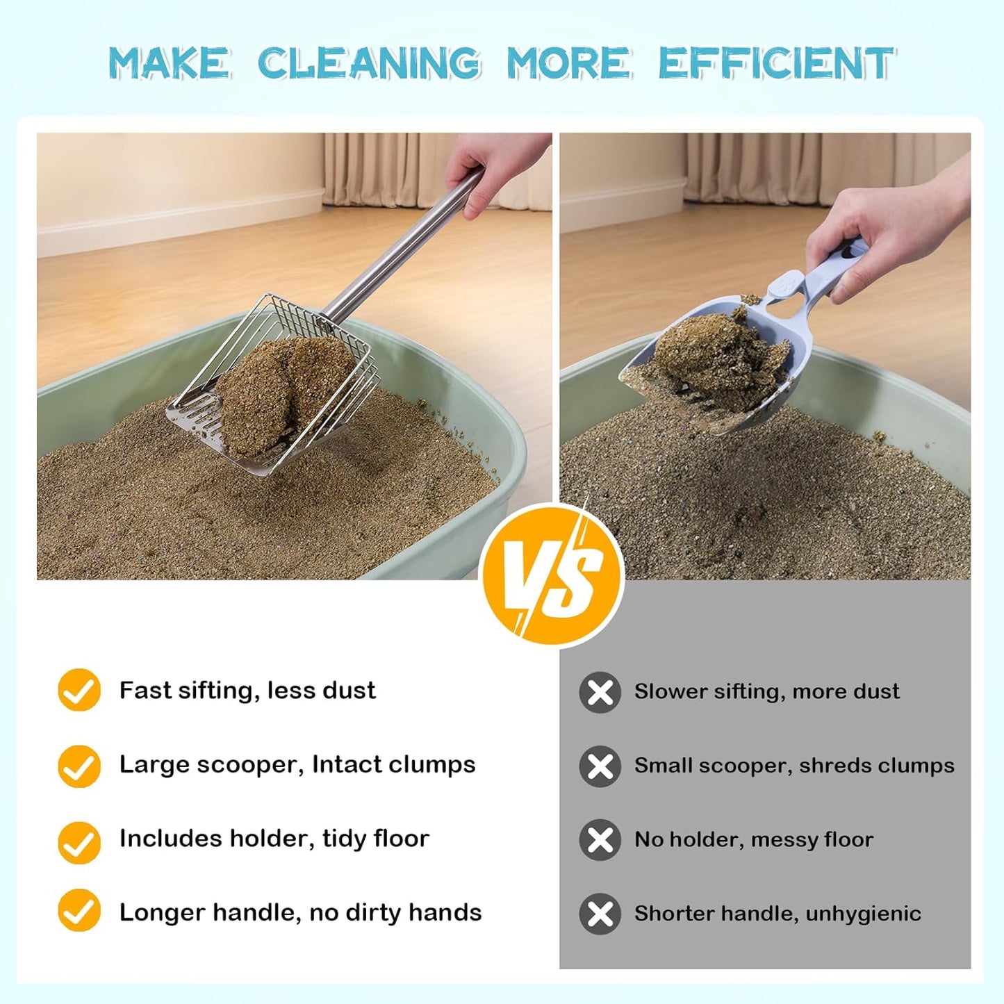 Metal Cat Litter Scoop with Holder Stainless Steel Kitten Poop Scooper, 17.5" Heavy Duty Pet Poop Sifter for Cat Box, Long Handle Large Waste Shovel, Fast Sifting Big Clumps, Solid & Durable