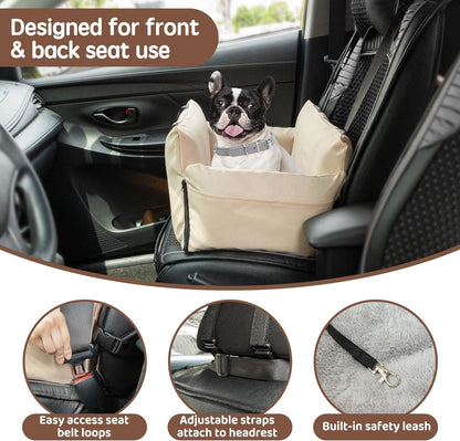 FEXIA Small Dog Car Seats for Small Dogs, Waterproof Dog Bed with Storage Pockets, Clip on Safety Leash and Thickened Memory Foam Filling, Pet Car Seat Puppy Travel Carrier Bed