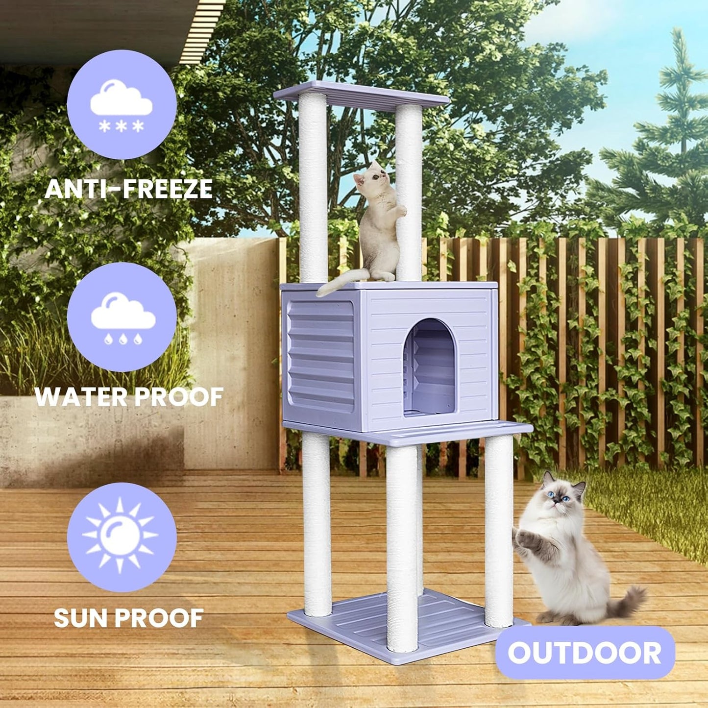 61.5” Indoor and Outdoor Cat Tree Tower, Cat House for Outdoor Cats, Weatherproof Large Cat Condo with Scratching Posts for Catio