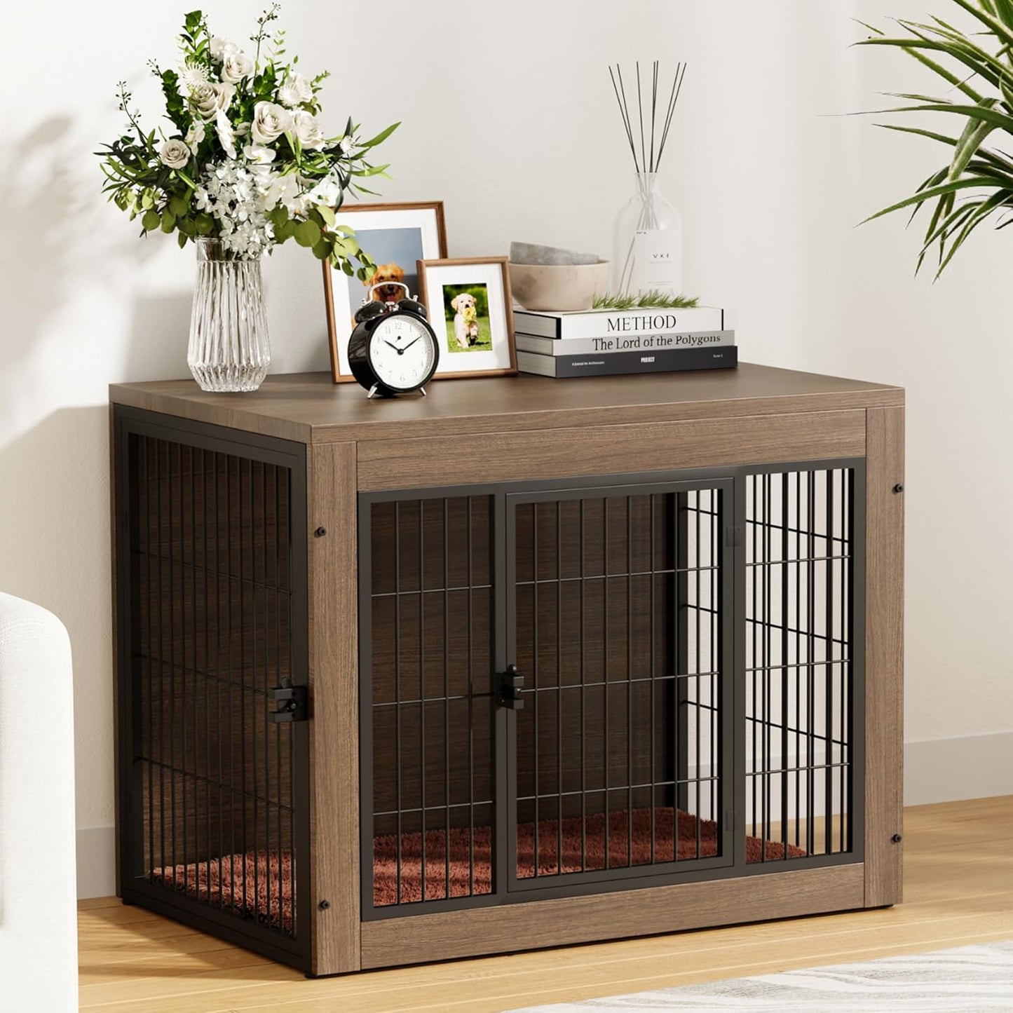 Greesum Modern Dog Crate Furniture That Doubles as a Side Table - Sturdy Wooden Kennel with Front & Side Door Access, Plush Cushion & Chew-Resistant Design for All Dog Sizes