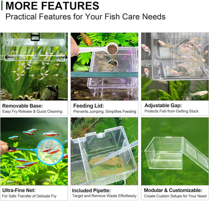 Triple-Chamber Aquarium Fish Breeder & Isolation Box, Transparent Hatching Incubator Tank with Suction Cups & Hook, Nursery for Livebearer Guppy Fry Breeding and Betta Fish, Shrimp Quarantine